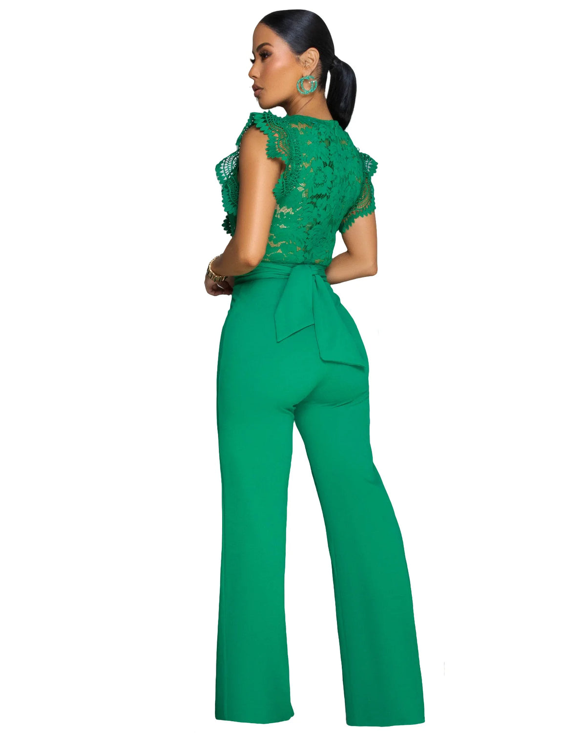 FZ Women's Lace See Though Patchwork Short Sleeve V-neck Jumpsuit