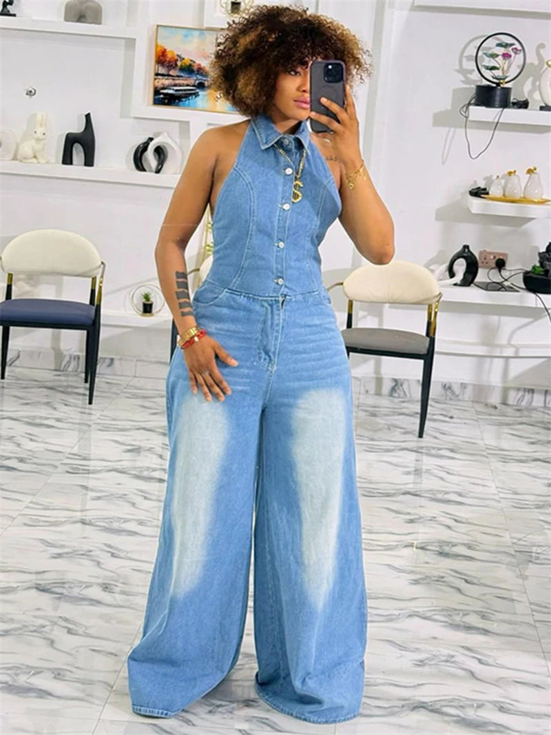 FZ Women's Streetwear Sleeveless Backless One Piece Denim Jumpsuit