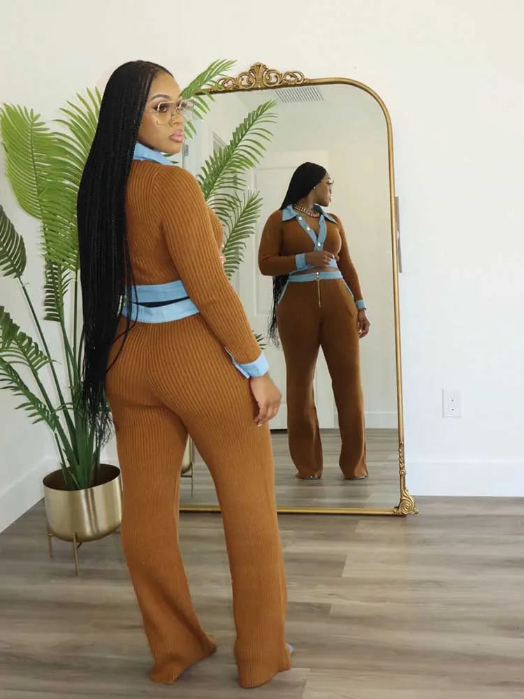 FZ Women's Long Sleeve Polo Cotton Ribbed 2 Piece Pants Suit