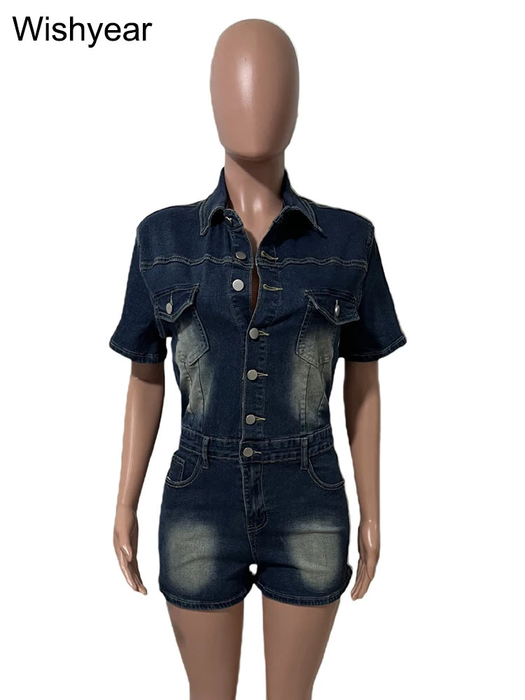FZ Women's Short Sleeve Buttons One Piece Streetwear Shorts Denim Jumpsuit