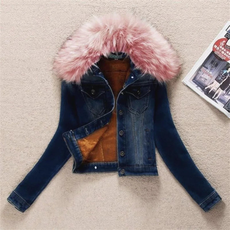 FZ Women's Big Fur Collar Short Coat Thicken Velvet Liner Fleece Denim Jacket