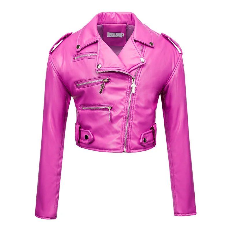 FZ Women's high waist long sleeve lapel diagonal zipper PU leather jacket