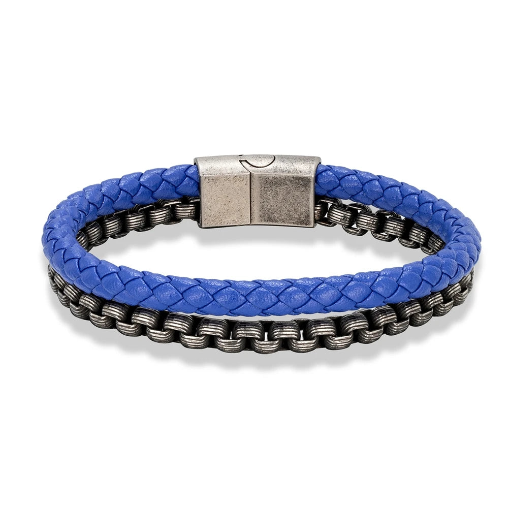 FZ Punk Rock Chain Stainless Steel Magnet Button Leather Bracelet