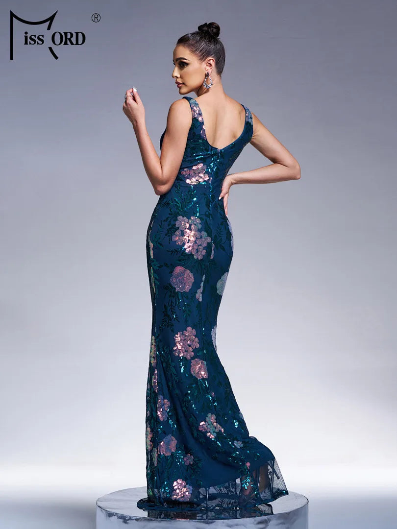FZ Women's V Neck Sleeveless Sequin Mermaid Evening Dress