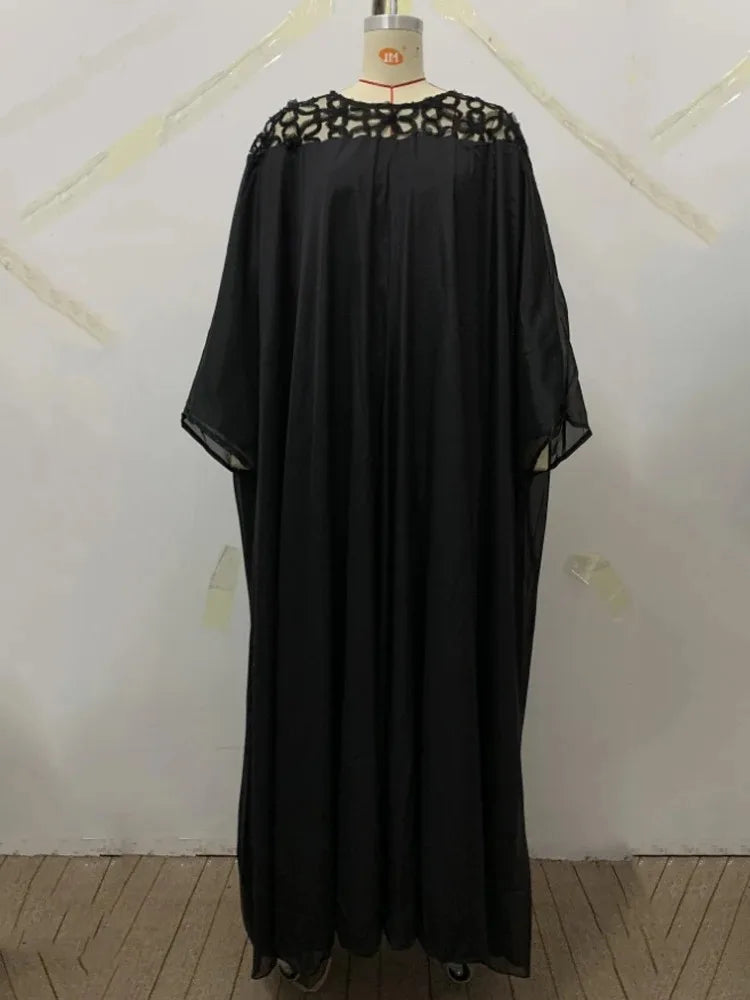 FZ Women Batwing Sleeves Loose Jacquard See-Through Shoulder Maxi Dress