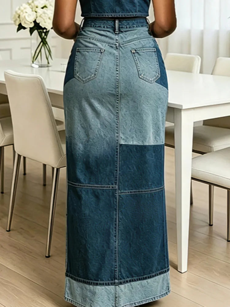 FZ Women's High Waist Patchwork Vintage Maxi Denim Skirt