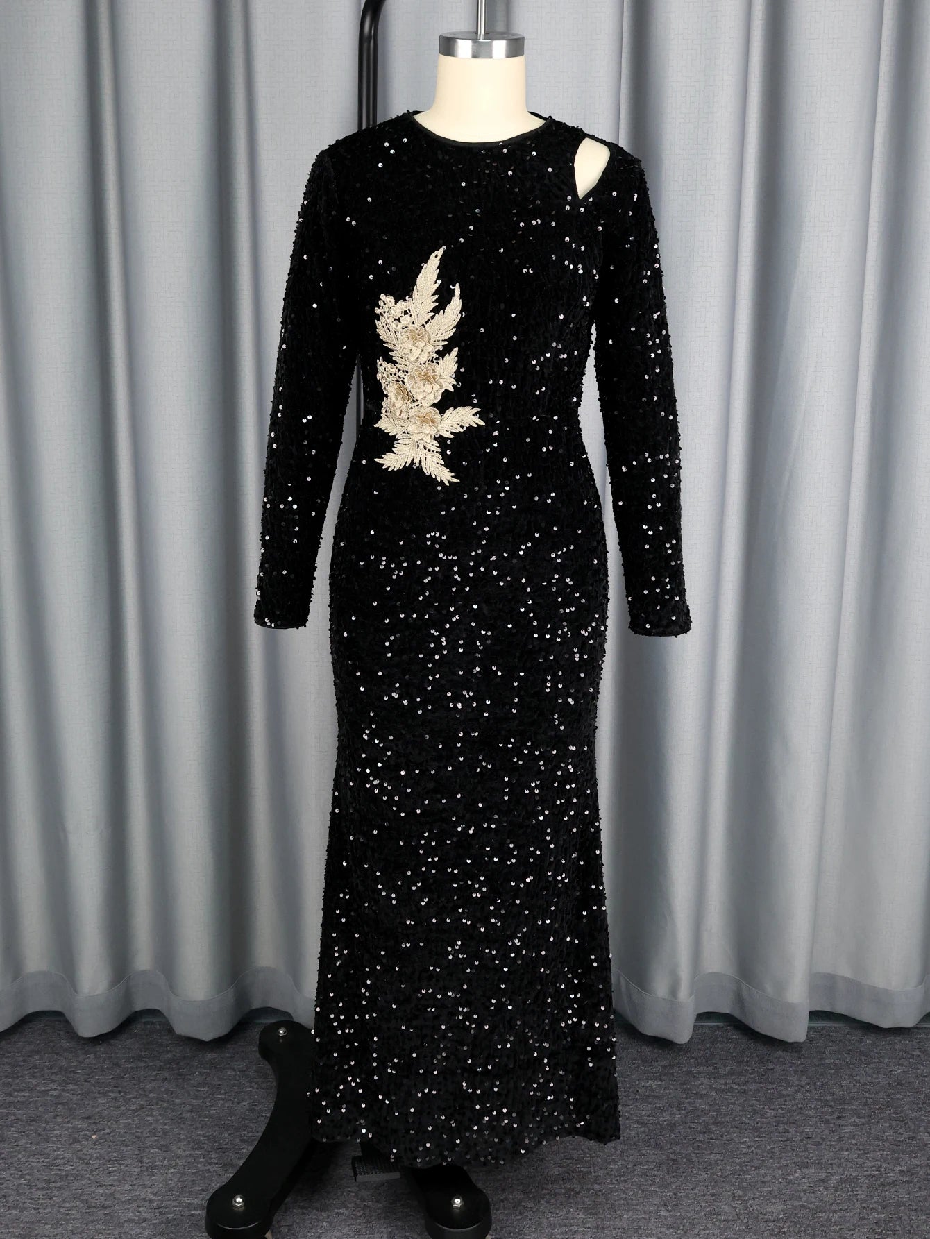 FZ Women's Long Sleeve Glitter Velvet Sequin Maxi Evening Dress