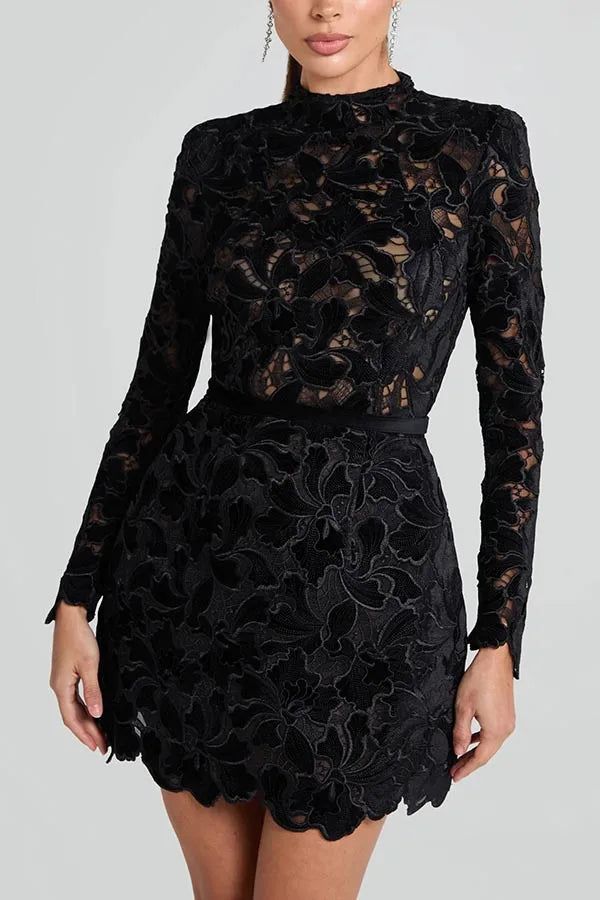 FZ Women's Round Collar Hollow Out Belt Tight Waist Meshed Dress