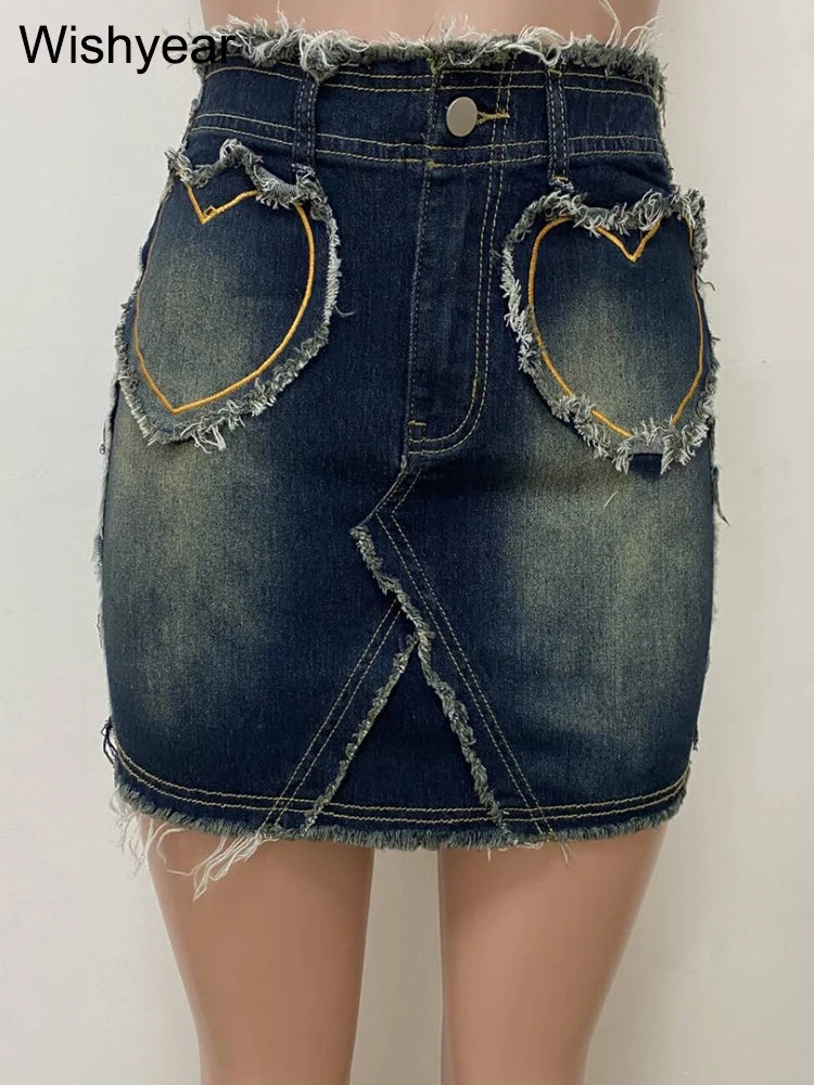 FZ Women's Heart Print Embroidery Ripped High Waist Mini Denim Skirt