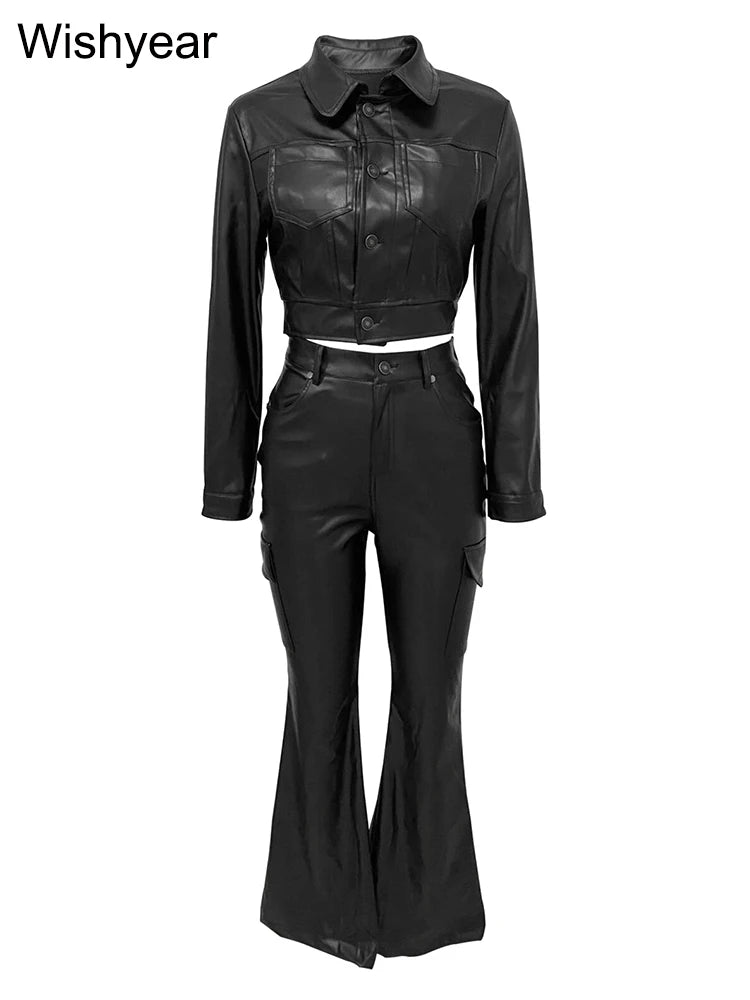 FZ Women's  PU Leather Long Sleeve Button Flared 2 Piece Pants Suit