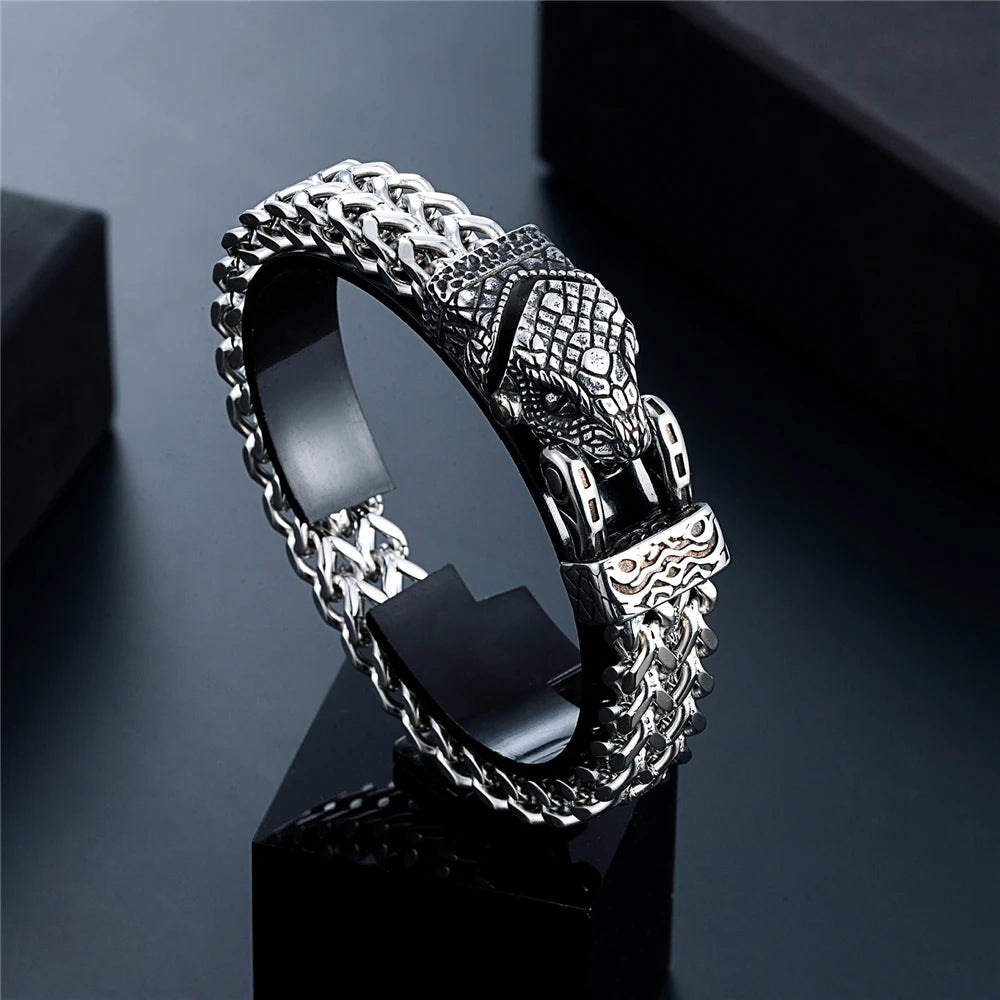 FZ Men's Retro Vikings Stainless Steel Mesh Chain Bear Norse Wolf Bracelet