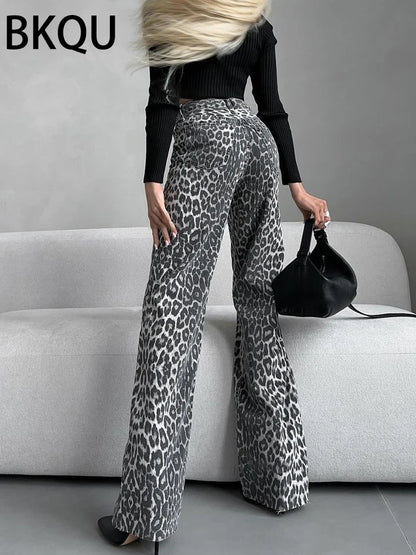 FZWomen's  Leopard Print High Waist  Wide Leg Denim Pants - FZwear
