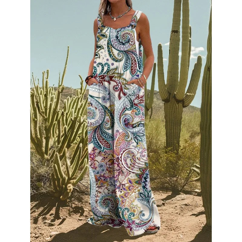 FZ Women's Vintage Flower Daisy Print Casual Strap Wide Leg Jumpsuit - 4 - FZwear