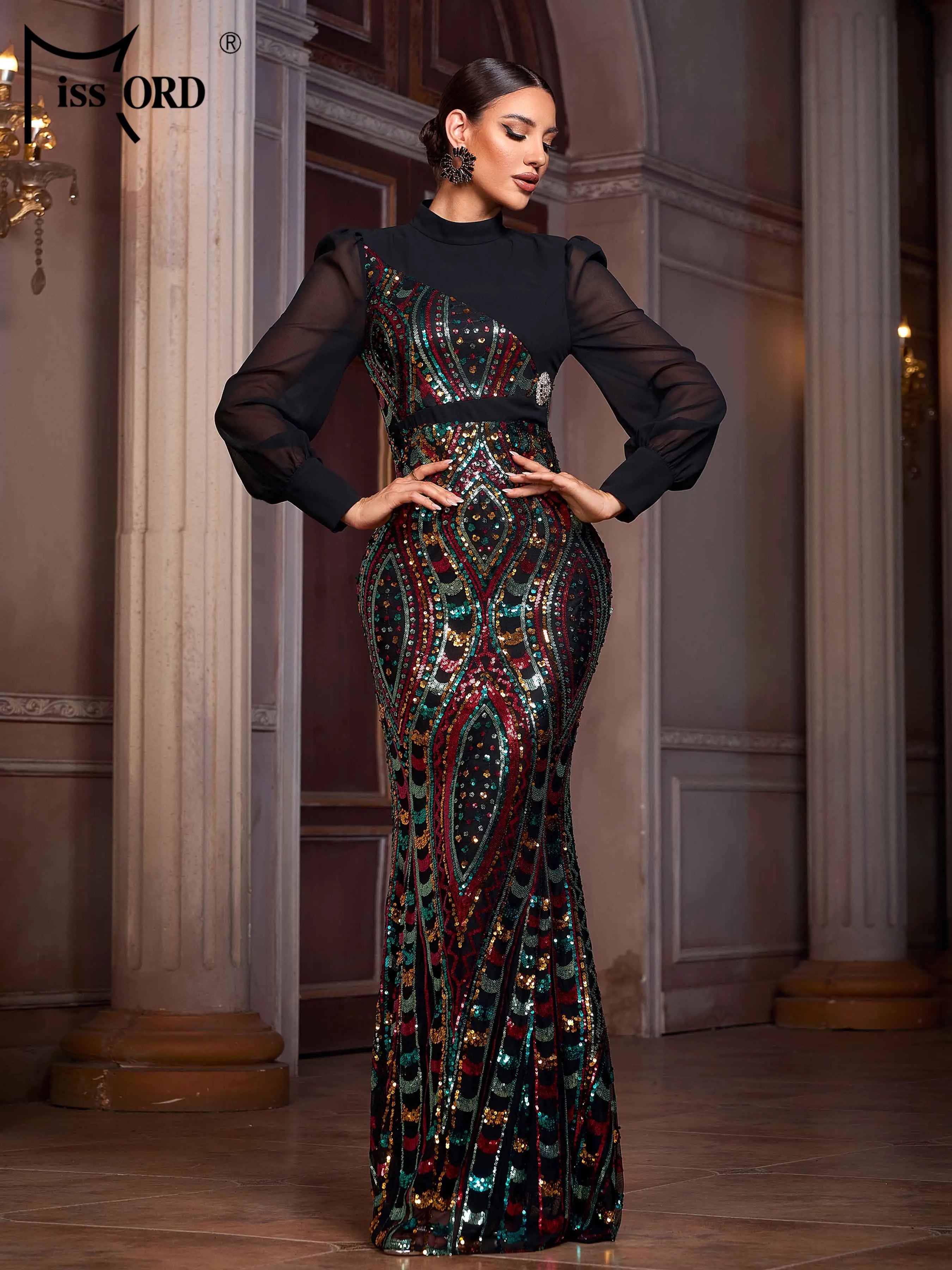 FZ Women's Round Neck Panel Geometric Sequin Mermaid Evening Dress
