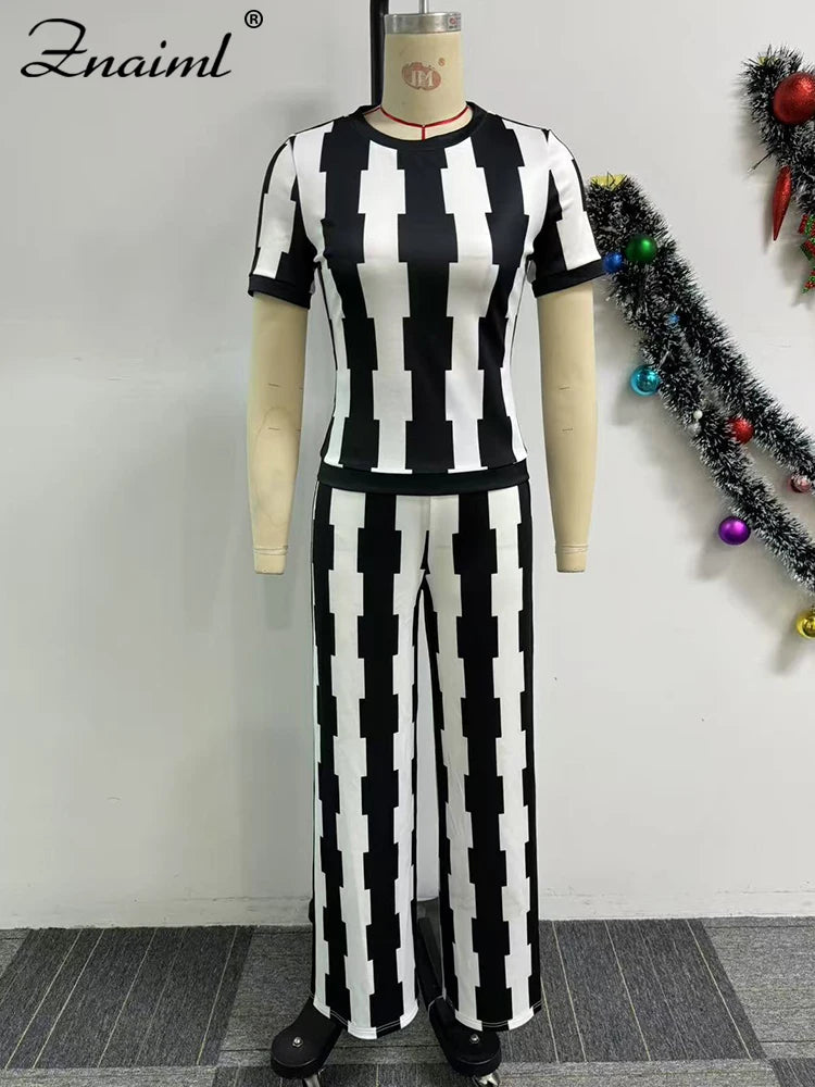 FZ Women's Striped Print Short Sleeve Wide Leg 2 Piece Pants Suit