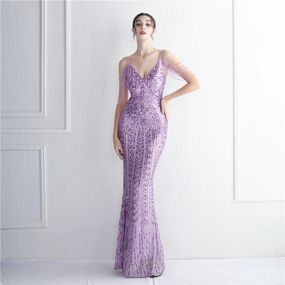 FZ Women's Sequin Long Strap Sleeveless V-neck Evening Dress