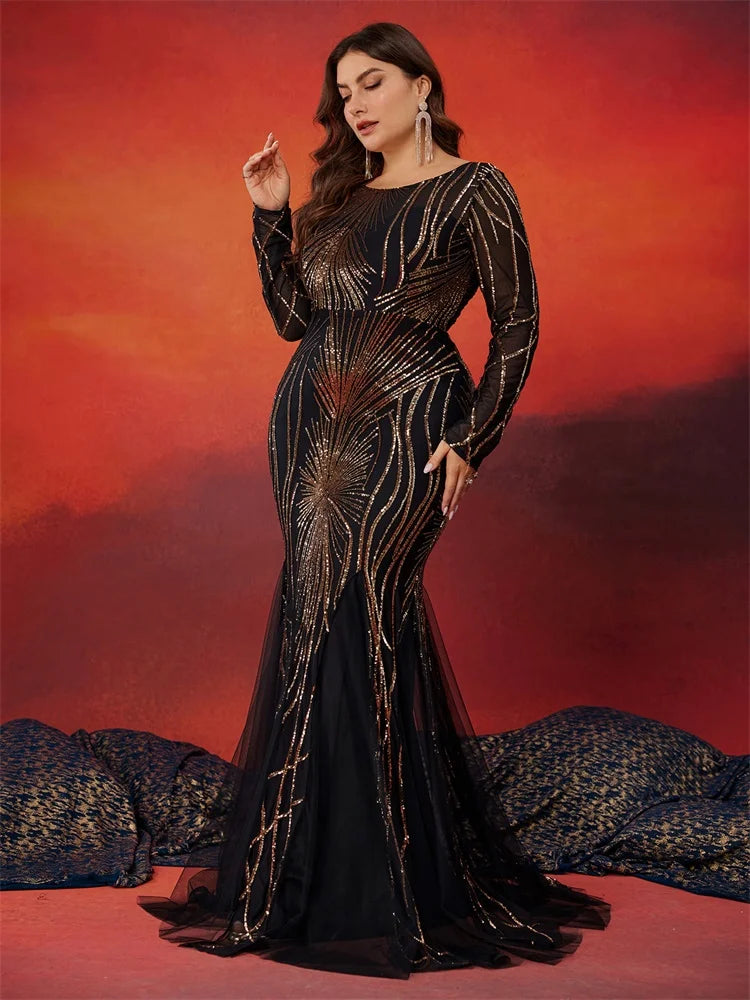 FZ Women's Plus Size Long Sleeves Sequins Mermaid Maxi Evening Dress