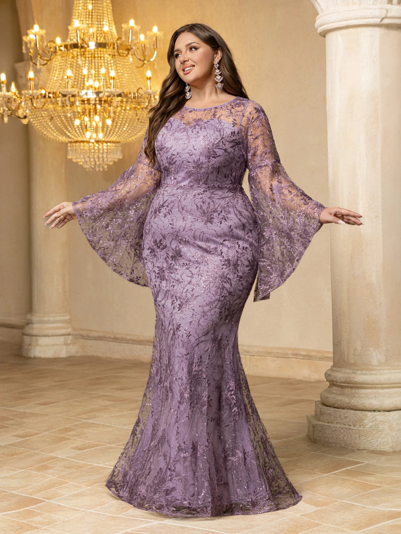 FZ Women's Plus Size  Mesh & Embroidery Splicing, Flared Sleeves Evening Dress