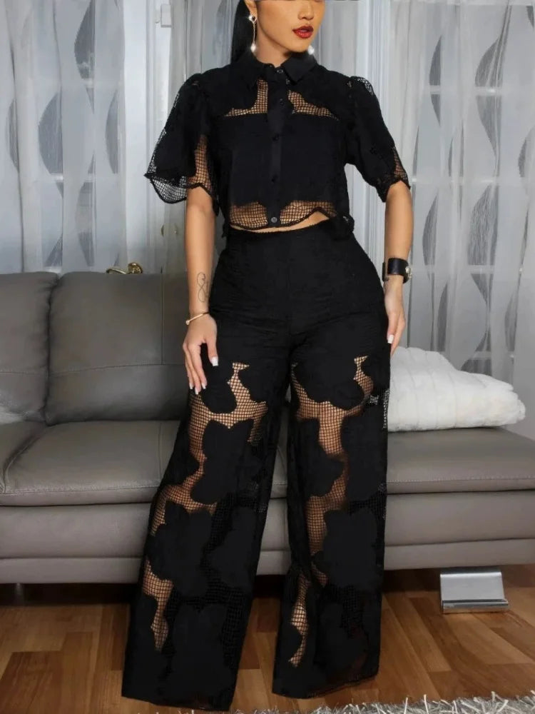 FZ Women's 2 Piece Mesh Lace High Waist Wide Leg Pants Suit