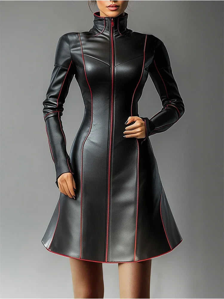 FZ Women's Pleated A-Line Vintage Casual High Street  PU Leather Dress