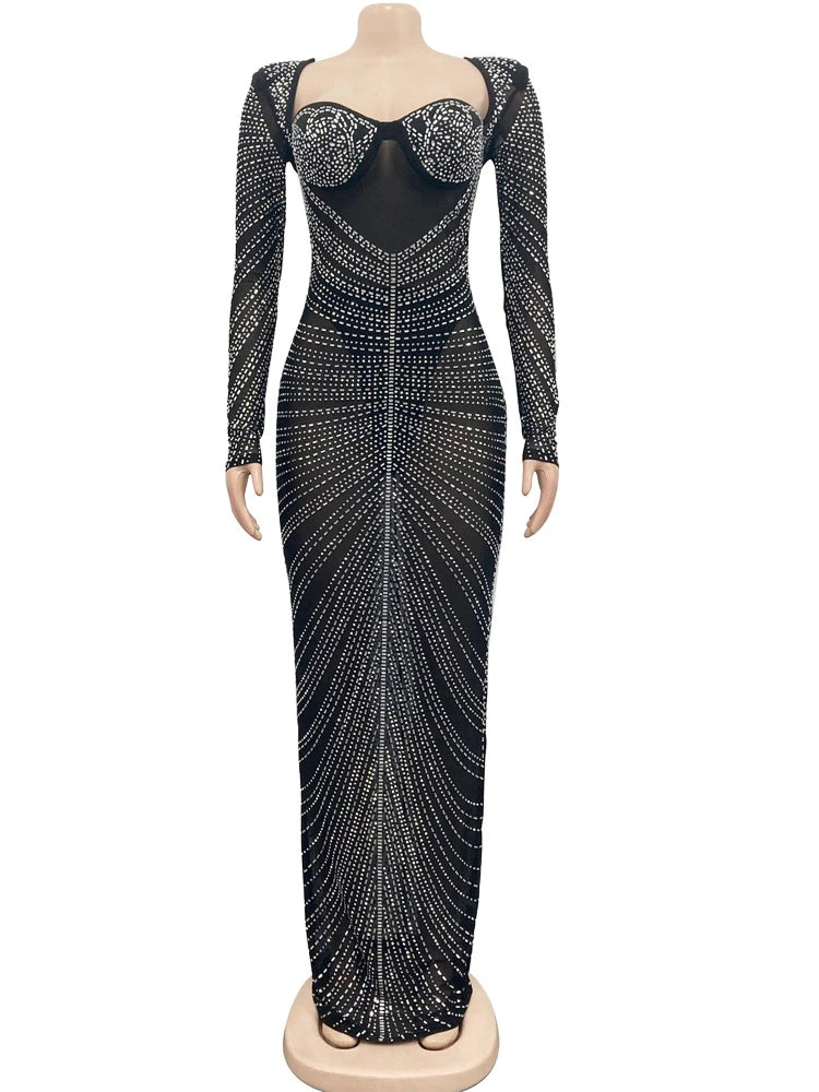 FZ Women's Sexy Sheer Mesh Rhinestone Crystal Maxi See Through Evening Dress - FZwear