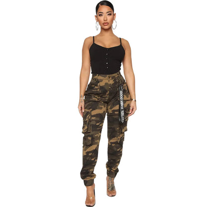 FZ Women's Camouflage Print Streetwear High Waist Side Pockets Cargo Pants