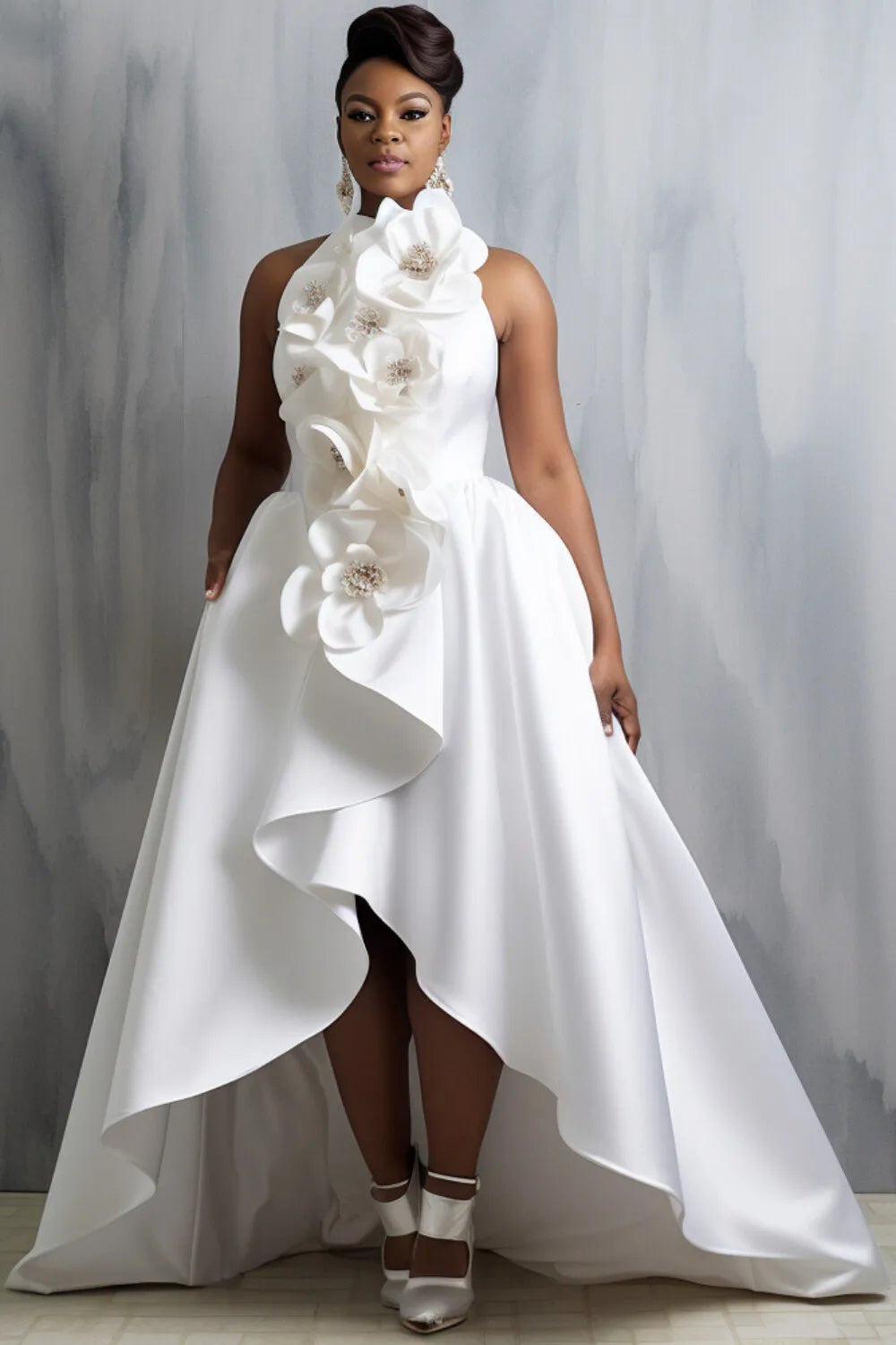 FZ Women's Plus Size White Halter Collar 3D Elegant High Low Hem Satin Maxi Dress