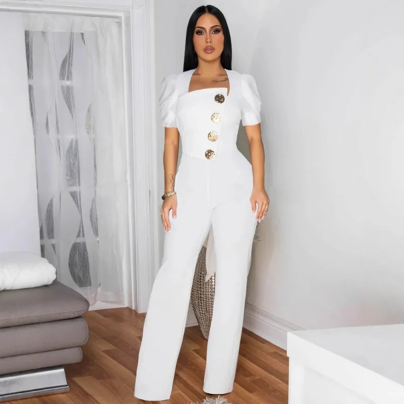 FZ Women's Button Front Puff Short Sleeve Wide Leg One Piece Jumpsuit