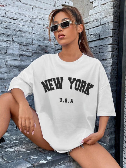 FZ Women's NEW YORK U.S.A Street Letter Style Printed Oversized Tee