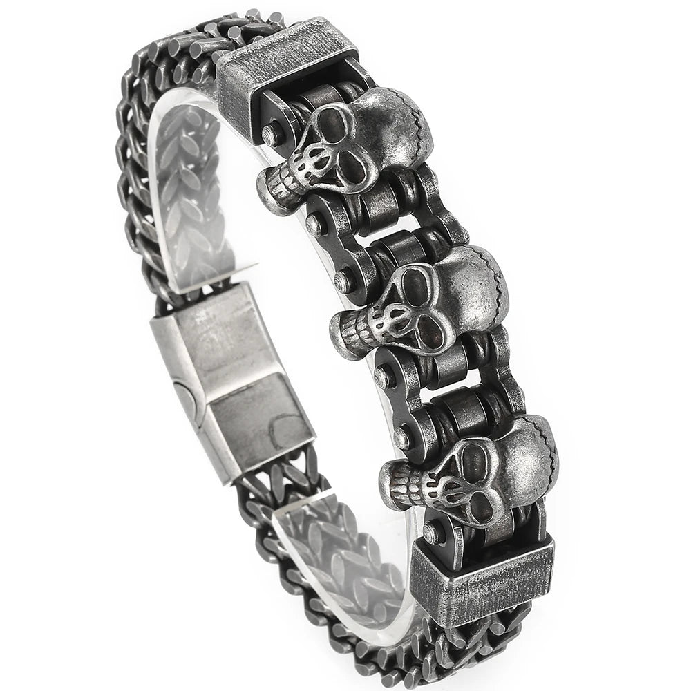 FZ Men's Vintage Black Stainless Steel Steampunk Skull Head Bracelet