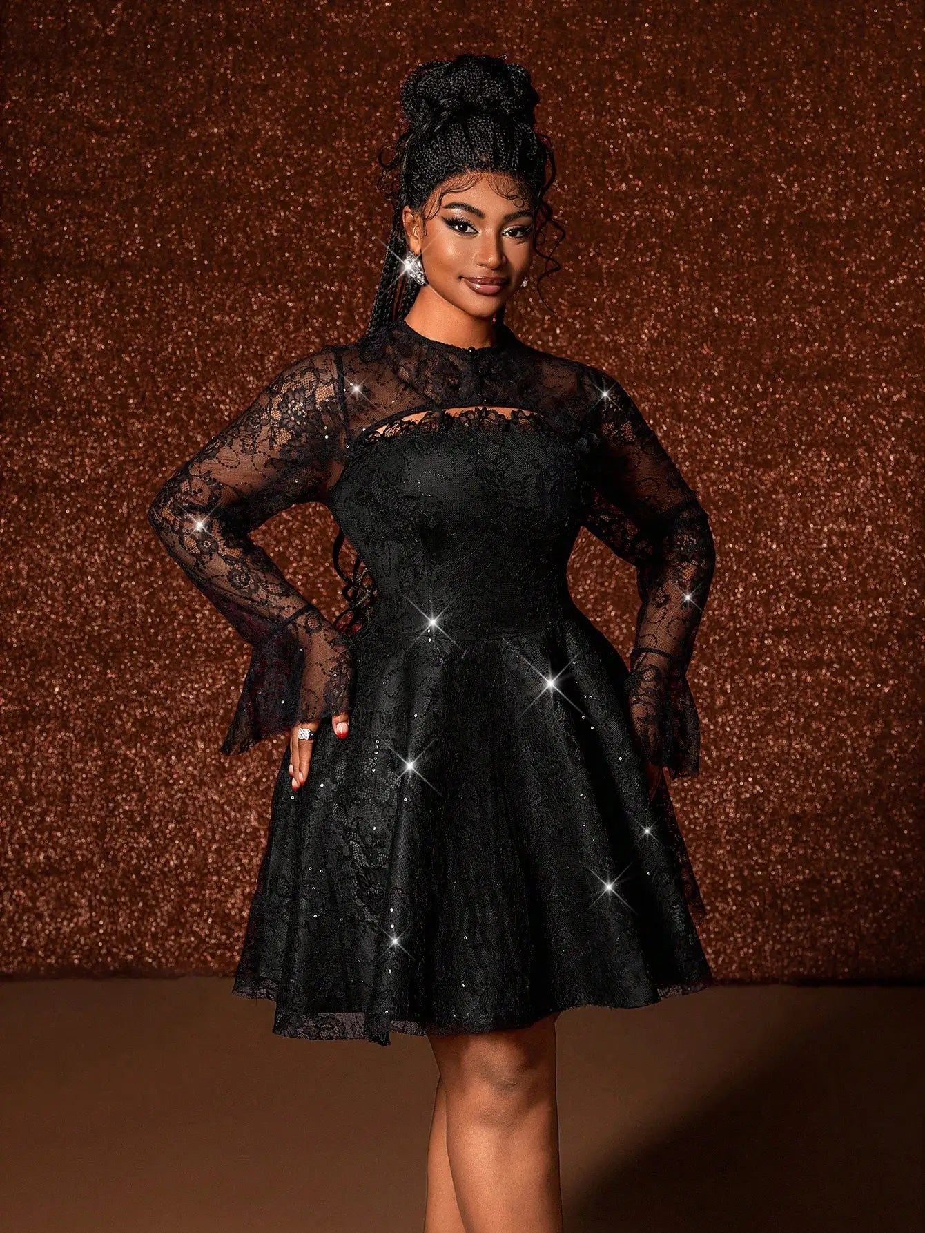 FZ Women's Plus Size Black Lace with Long Sleeves, A-Line Sequin Dress