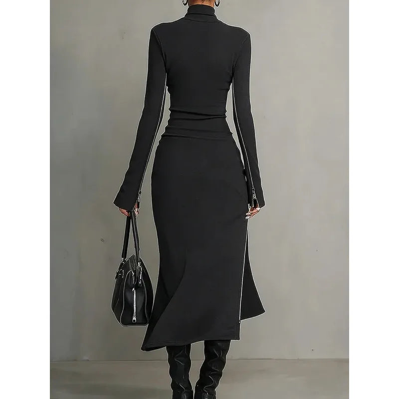FZ Women's Asymmetric  Y2k Turtleneck Long Sleeve Streetwear Dress