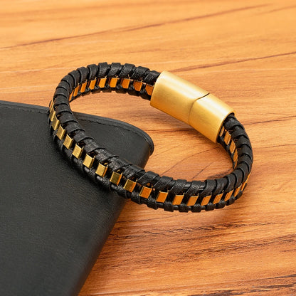 FZ Braided Rope Woven Black Leather Stainless Steel Bracelet - FZwear