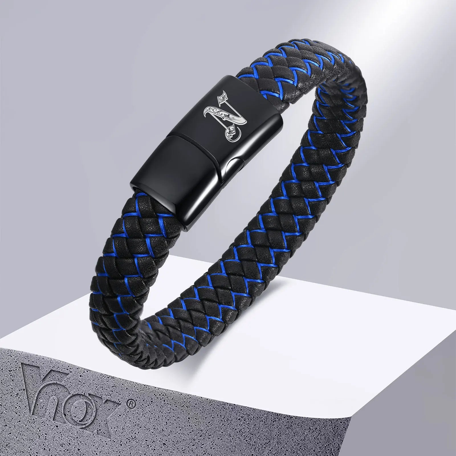FZ Blue Black Braided Leather A-Z Initial  Bracelet - FZwear