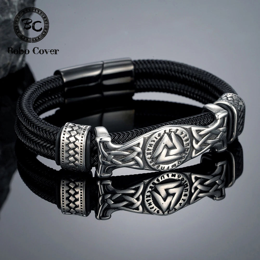 FZ Men's Stainless Steel Norse Runes Double-Layer Wire Rope Bracelet
