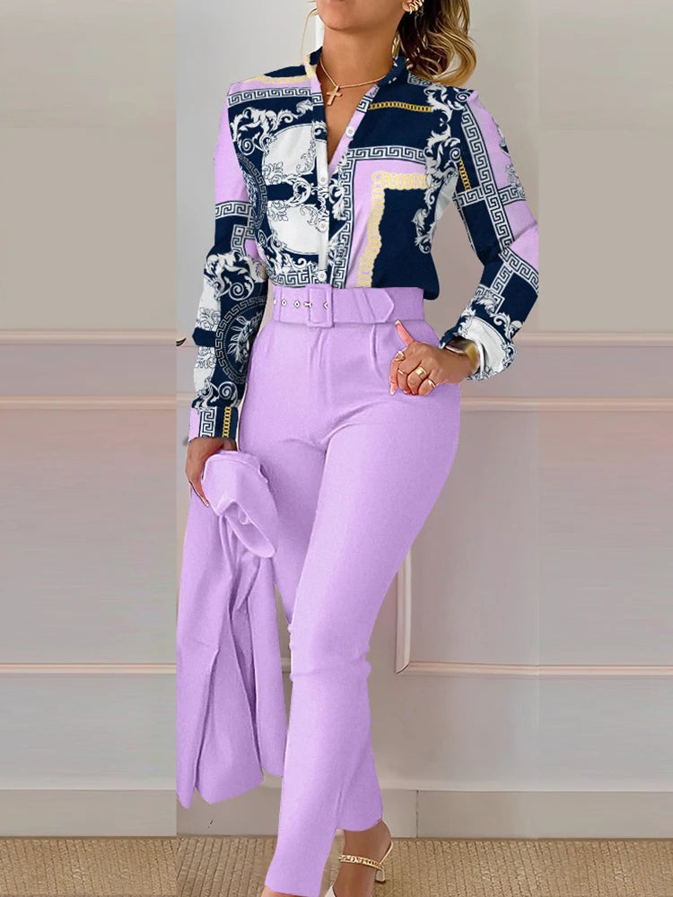 FZ Women's Slim Fit Chic Print Two Piece Pencil Pants Suit DSers