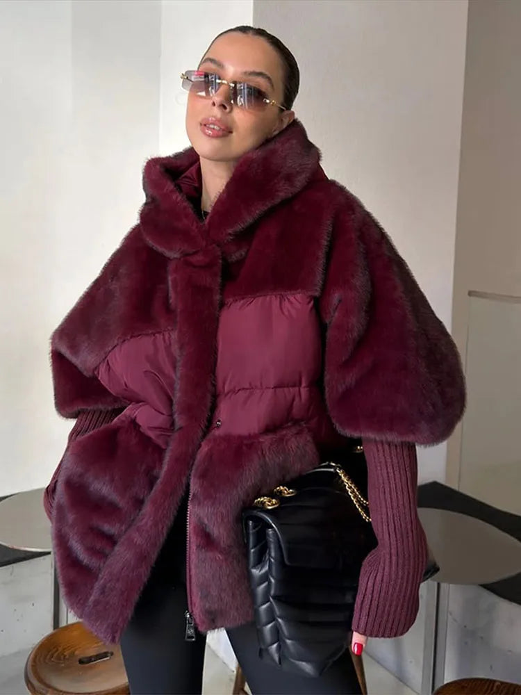 FZ Women's Hooded Patchwork Cotton Faux Fur Oversize Knitted Cuffs Jacket