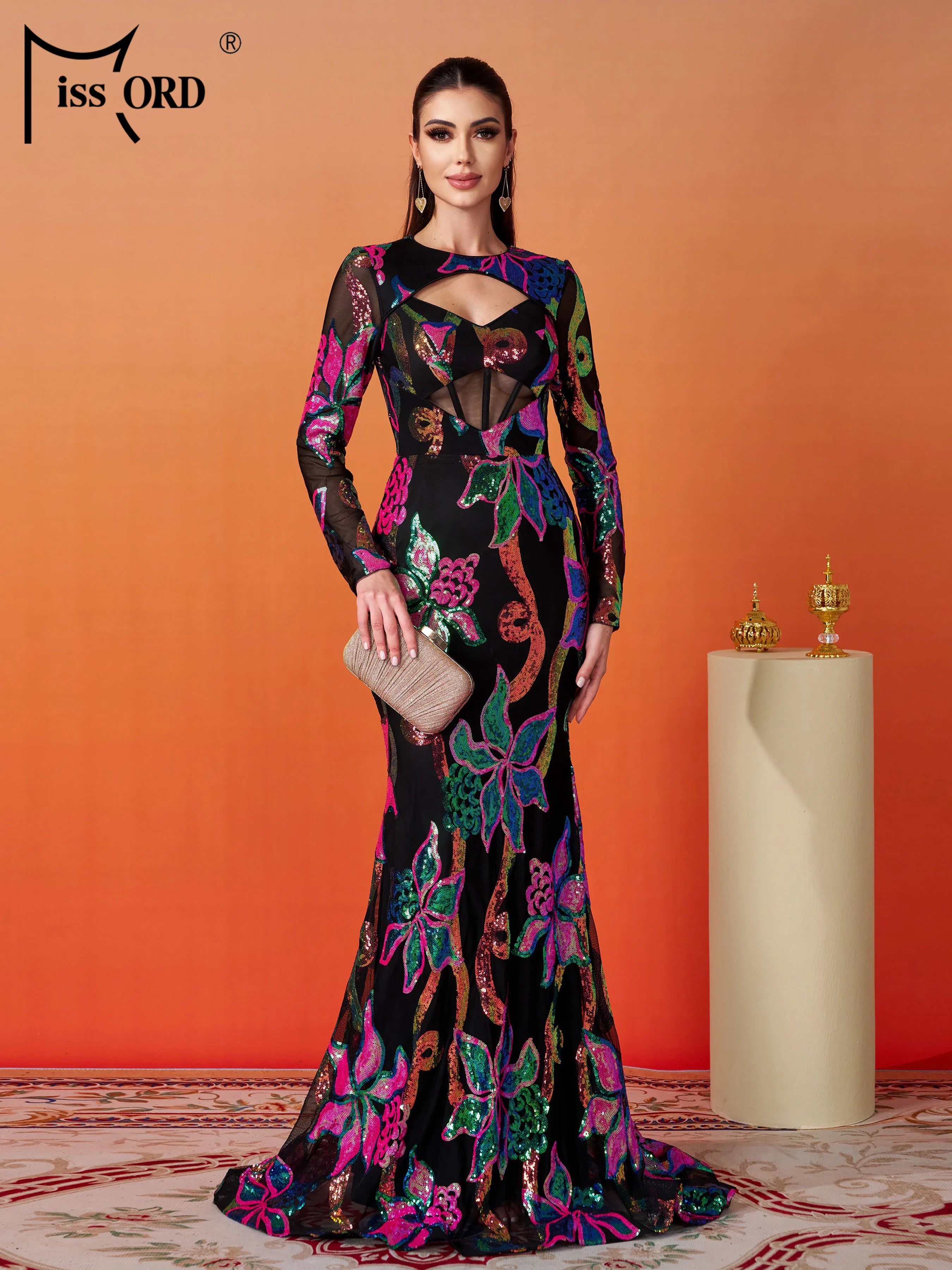 FZ Women's Floral Round Neck Long Sleeved Sequin Mermaid Evening Dress