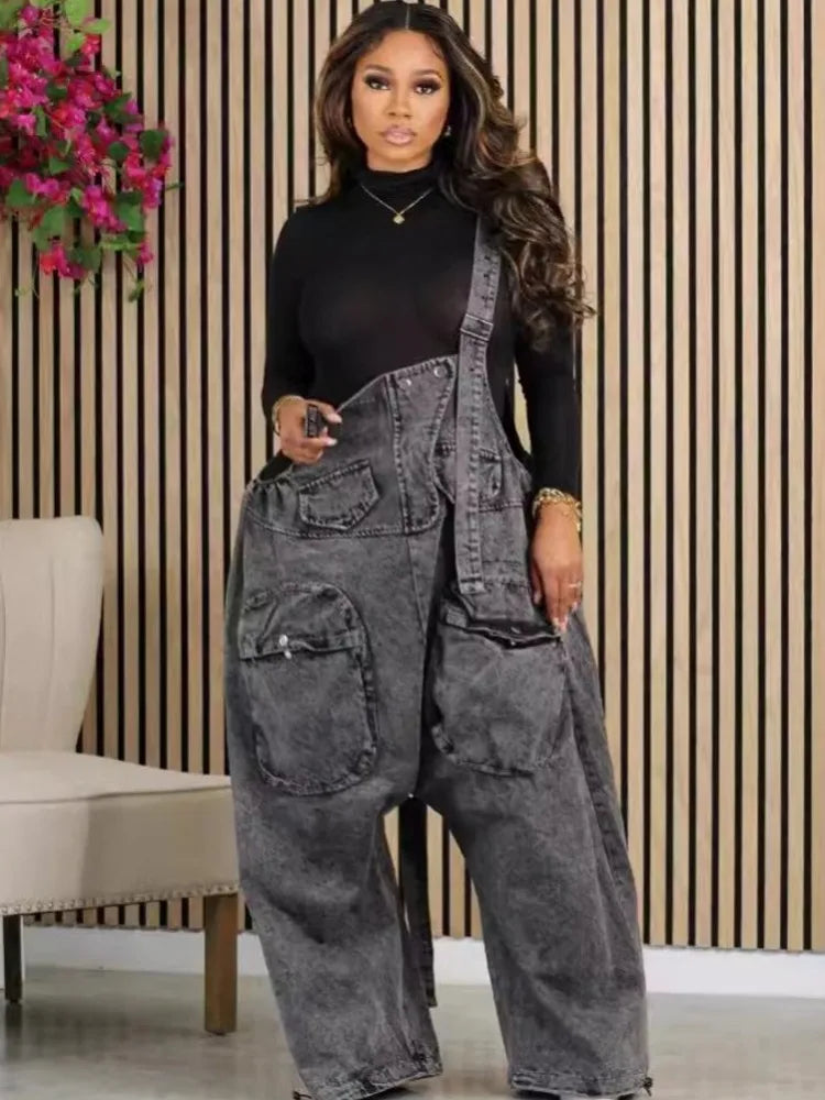 FZ Women's Loose Vintage Preppy Suspender Style Denim Jumpsuit - FZwear