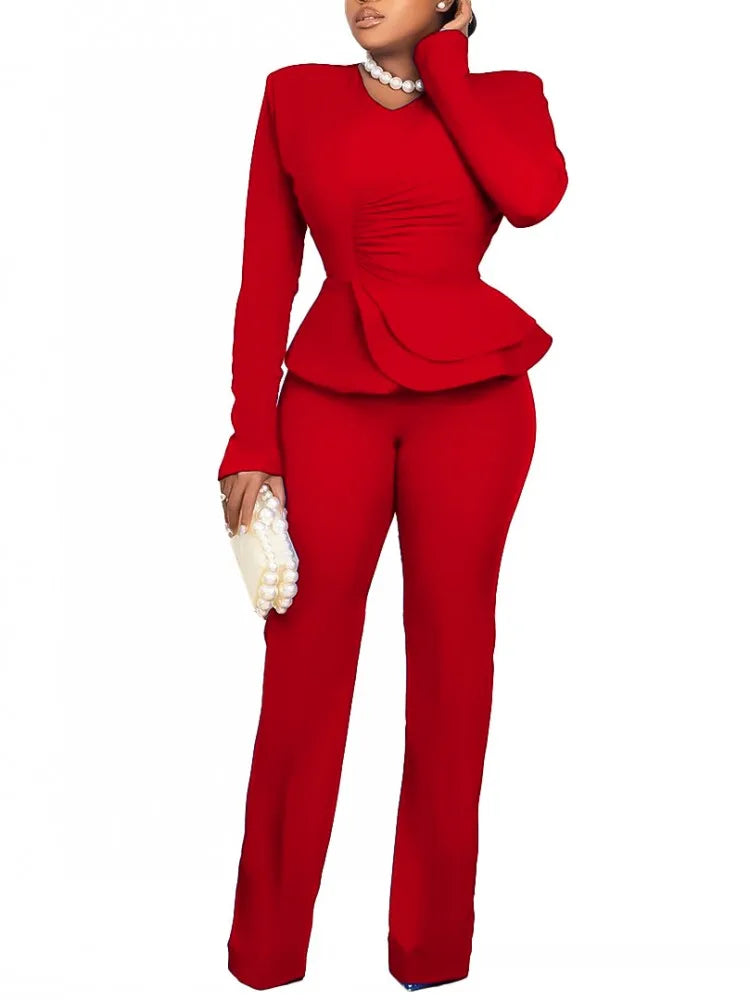 FZ Women's Elegant Ruffled V-neck Pants Two-piece Suit - FZwear