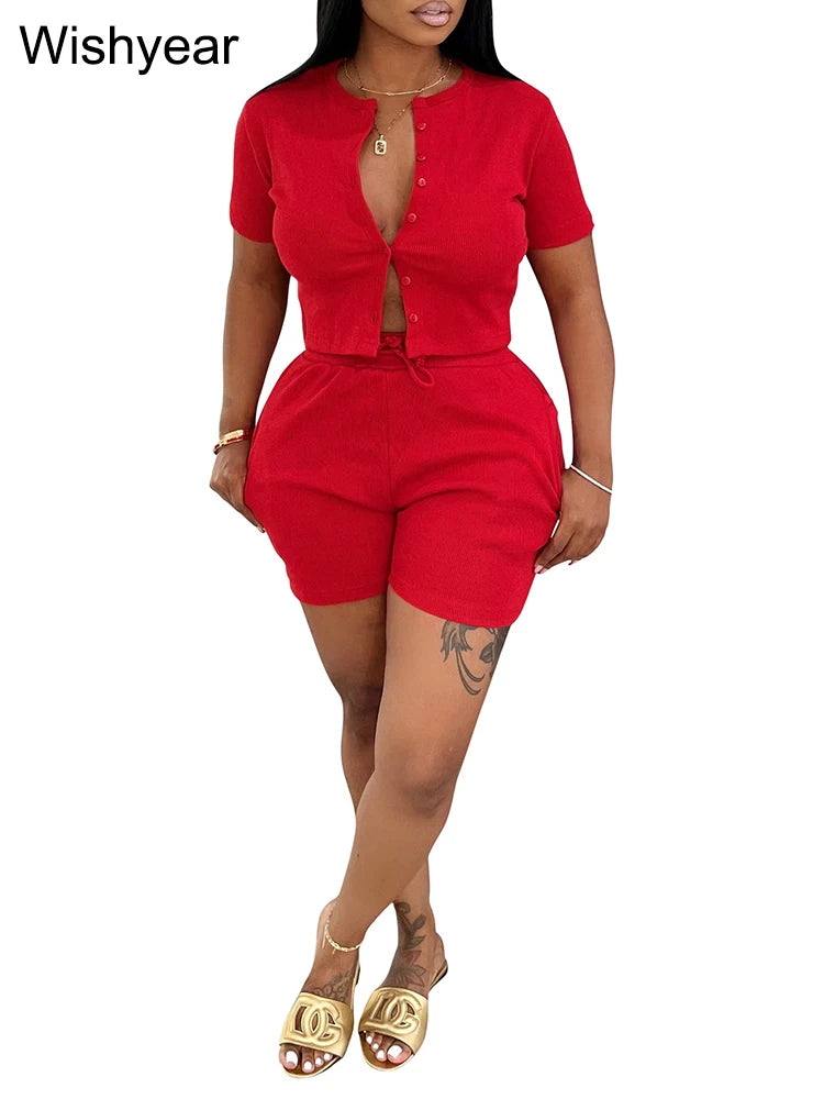 FZ Women's Casual Two Piece Short Sleeve Rib Hot Shorts Suit