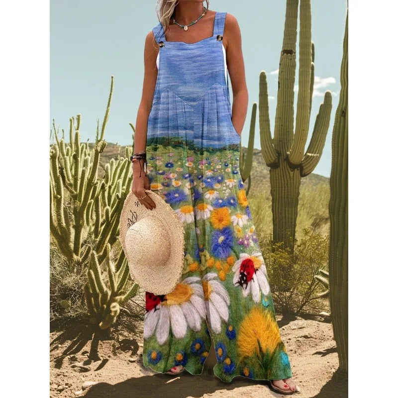 FZ Women's Vintage Flower Daisy Print Casual Strap Wide Leg Jumpsuit - 4 - FZwear