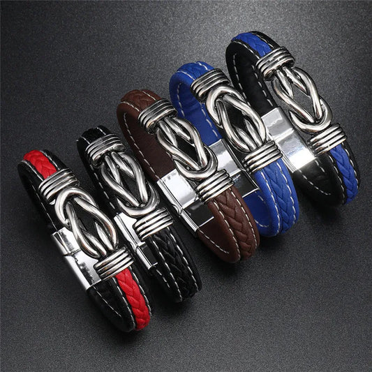 FZ Single Braided Leather Stainless Steel Magnetic Clasp Unisex Bracelet
