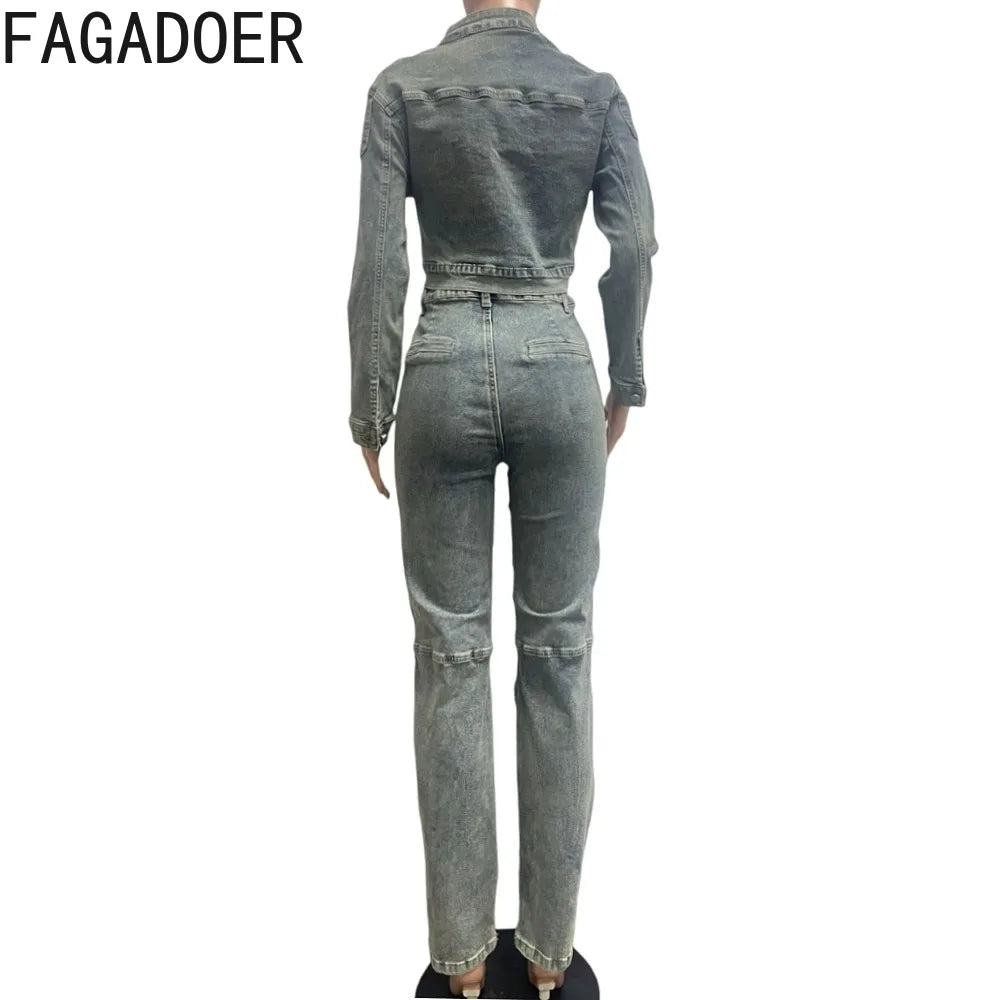 FZ Women's Solid Color Zip Long Sleeve Streetwear 2-Piece Denim Pants Suit