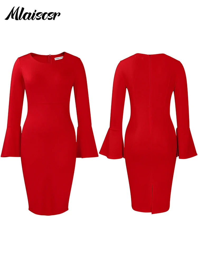 FZ Women's Long Flare Sleeves O Neck Mid Evening Dress