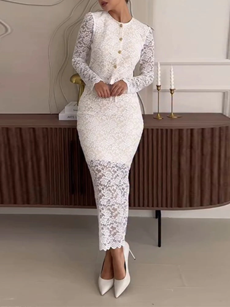 FZ Women's Lace with Sheer Sleeve Two Piece Skirt Suit