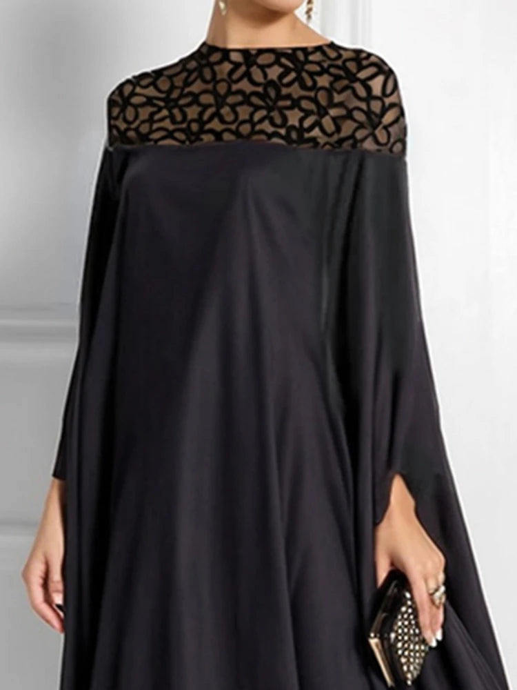 FZ Women Batwing Sleeves Loose Jacquard See-Through Shoulder Maxi Dress