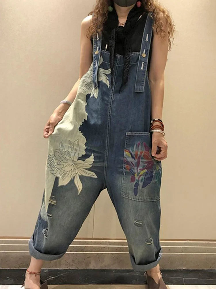 FZ Women's Fashion Printed Denim Vintage Loose Jumpsuit - FZwear