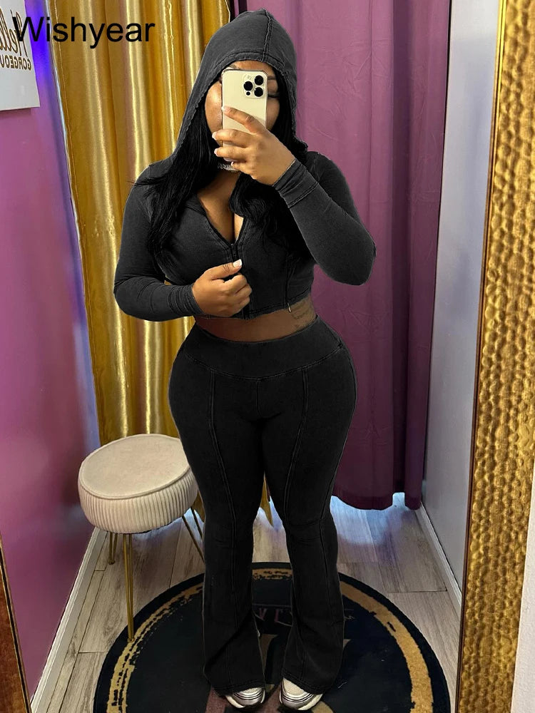 FZ Women's Sportswear Wash Retro Two 2 Piece Flared Pants Suit