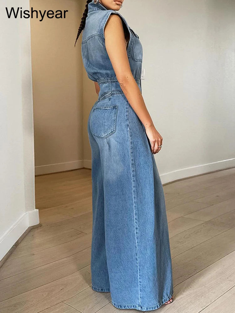 FZ Women's Vintage Loose Denim Wide Leg Pants Jumpsuit - FZwear